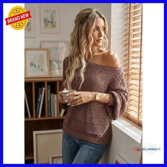 Crochet Boat Neck Long Sleeve Sweater Loose Fit Cozy Fall Winter - Picture 7 of 8